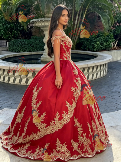 Red Tulle Off the Shoulder Appliques Quinceanera Dress
