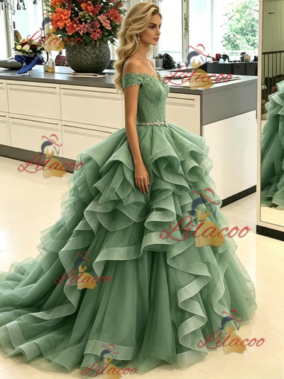 Green Tulle Off the Lace Prom Dress