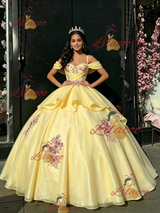 Yellow Tulle Sapghetti Straps Appliques Quinceanera Dress