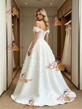 White Off the Shoulder Flower Wedding Dress