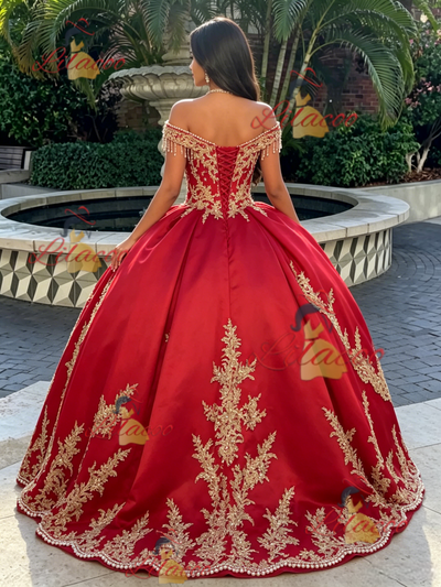 Red Tulle Off the Shoulder Appliques Quinceanera Dress