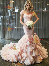 Pink Mermaid Tulle Pleats Wedding Dress