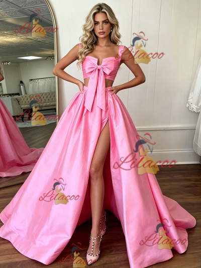 Pink Satin Straps Pleats Prom Dress
