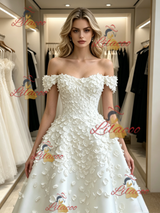 White Off the Shoulder Flower Wedding Dress