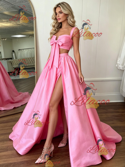 Pink Satin Straps Pleats Prom Dress