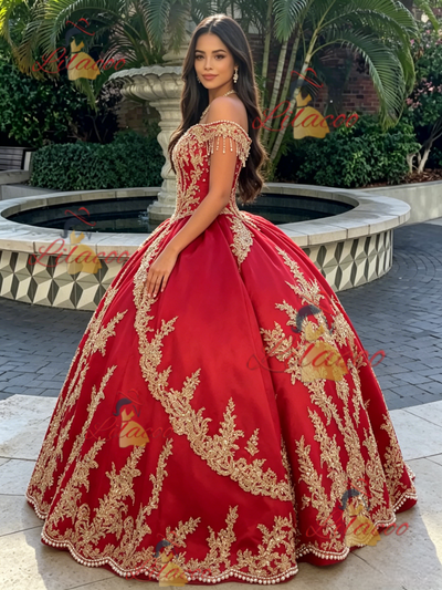 Red Tulle Off the Shoulder Appliques Quinceanera Dress