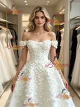 White Off the Shoulder Flower Wedding Dress