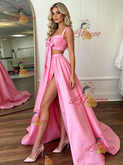 Pink Satin Straps Pleats Prom Dress