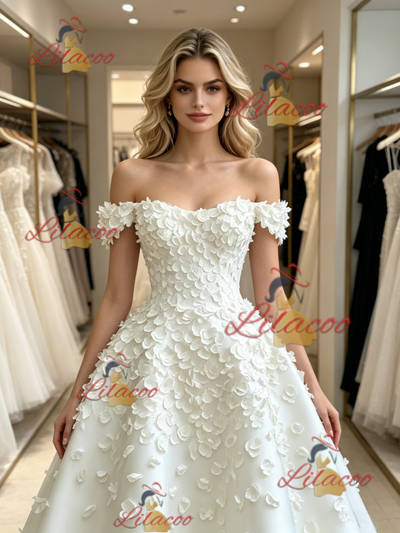 White Off the Shoulder Flower Wedding Dress
