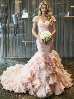Pink Mermaid Tulle Pleats Wedding Dress