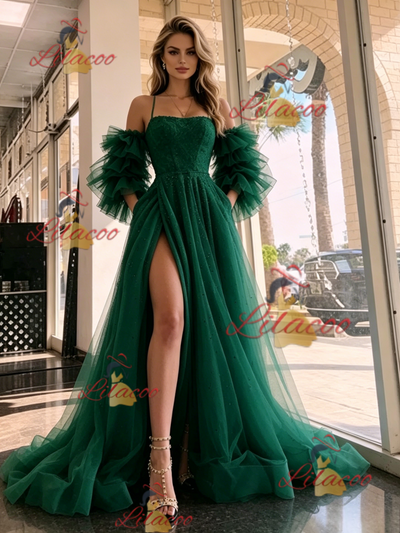 Green Tulle Spaghetti Straps Prom Dress