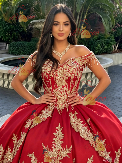Red Tulle Off the Shoulder Appliques Quinceanera Dress