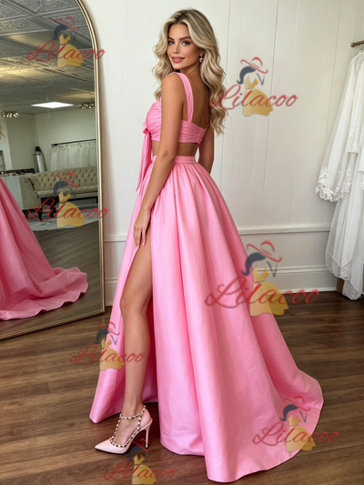 Pink Satin Straps Pleats Prom Dress