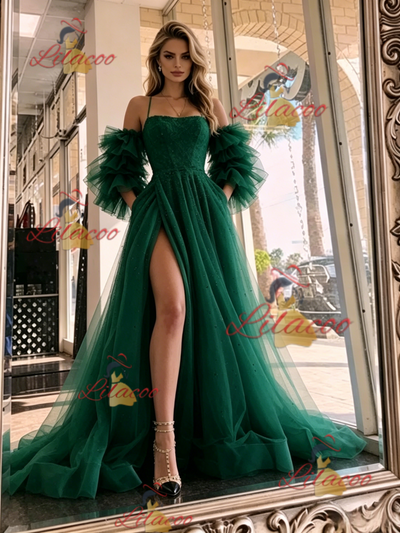 Green Tulle Spaghetti Straps Prom Dress