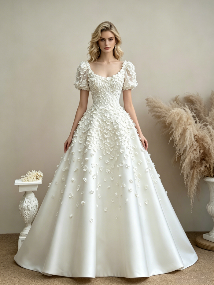 White Puff Sleeve Flower Wedding Dress