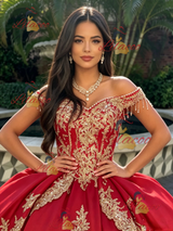 Red Tulle Off the Shoulder Appliques Quinceanera Dress