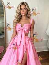 Pink Satin Straps Pleats Prom Dress
