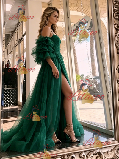 Green Tulle Spaghetti Straps Prom Dress