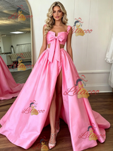 Pink Satin Straps Pleats Prom Dress
