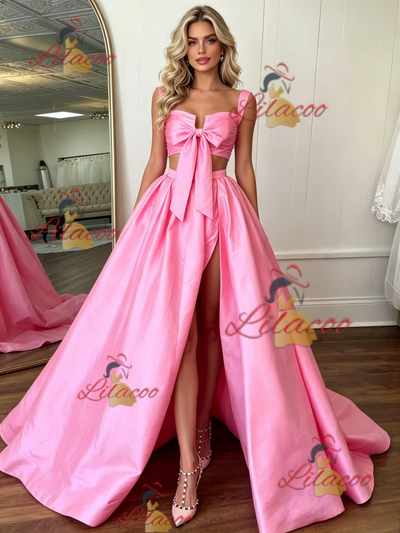 Pink Satin Straps Pleats Prom Dress