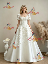White Puff Sleeve Flower Wedding Dress