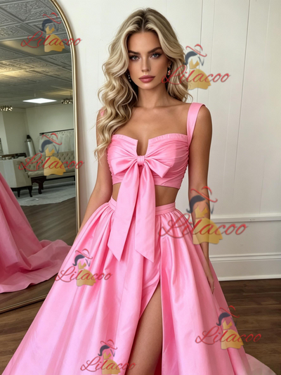 Pink Satin Straps Pleats Prom Dress