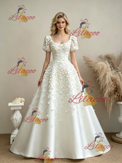 White Puff Sleeve Flower Wedding Dress