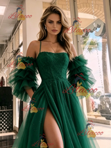 Green Tulle Spaghetti Straps Prom Dress