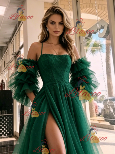 Green Tulle Spaghetti Straps Prom Dress