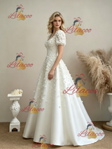 White Puff Sleeve Flower Wedding Dress