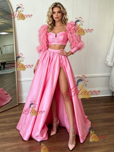 Pink Satin Long Sleeve Two Piece Prom Dress