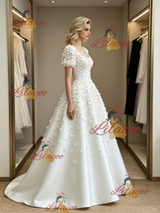 White Puff Sleeve Flower Wedding Dress