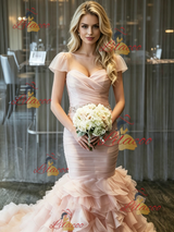 Pink Mermaid Tulle Pleats Wedding Dress