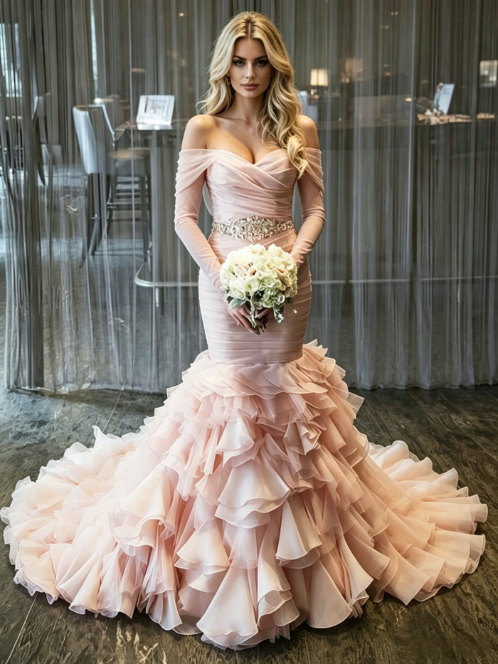 Pink Mermaid Tulle Pleats Wedding Dress