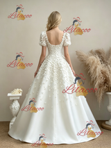 White Puff Sleeve Flower Wedding Dress