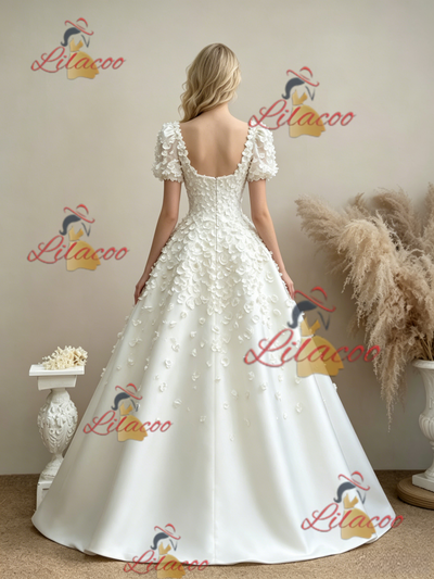 White Puff Sleeve Flower Wedding Dress