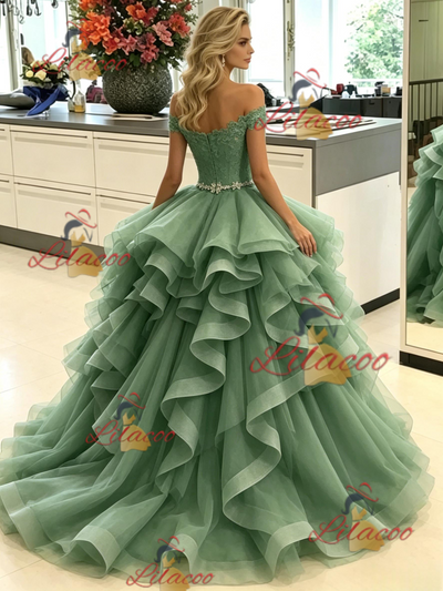 Green Tulle Off the Lace Prom Dress