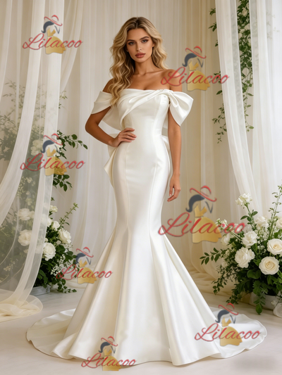 Beige White Satin Mermaid Off the Shoulder Bow Wedding Dress