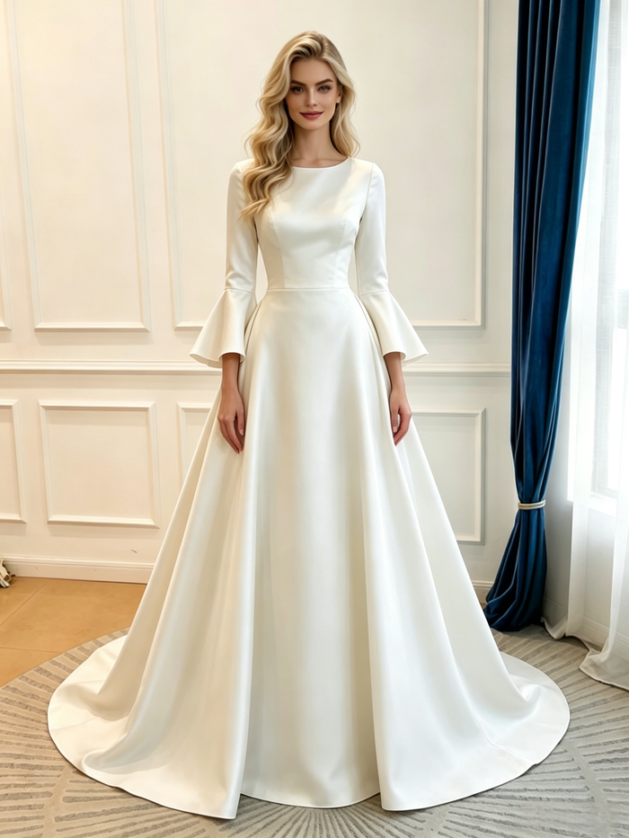 White Satin Long Sleeve Wedding Dress