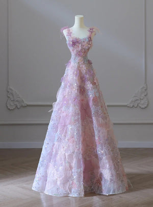 Pink Tulle 3D Flower Straps Prom Dress