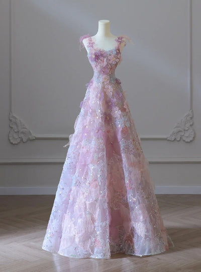 Pink Tulle 3D Flower Straps Prom Dress