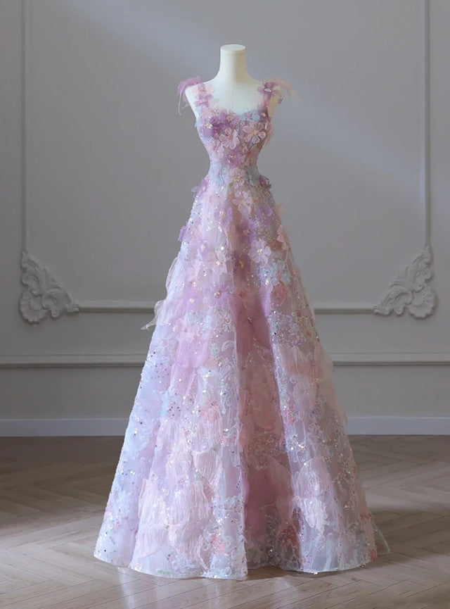 Pink Tulle 3D Flower Straps Prom Dress