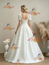 White Puff Sleeve Flower Wedding Dress