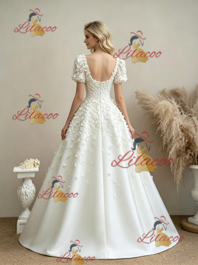 White Puff Sleeve Flower Wedding Dress