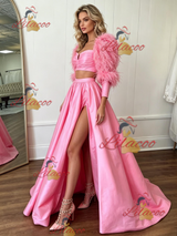 Pink Satin Long Sleeve Two Piece Prom Dress