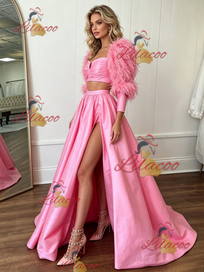 Pink Satin Long Sleeve Two Piece Prom Dress