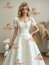 White Puff Sleeve Flower Wedding Dress