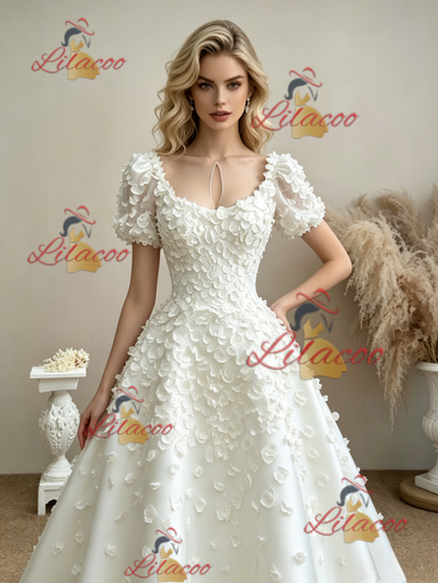 White Puff Sleeve Flower Wedding Dress
