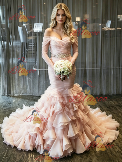 Pink Mermaid Tulle Pleats Wedding Dress