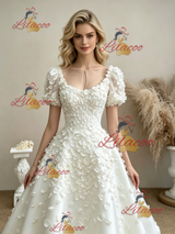 White Puff Sleeve Flower Wedding Dress